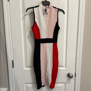 Privy Asymmetrical Colorblock Dress - Red, Pink, Black, White